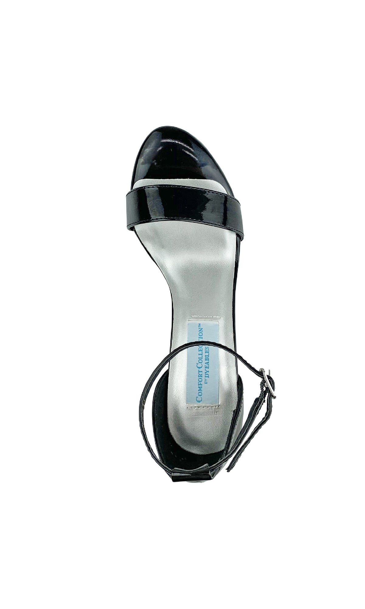 The Maddox Block-Heel Black Prom Shoes (Dyeables 58317) feature an open-toe design, ankle strap, low block heel, and silver insole with blue label—perfect for a stylish prom look.